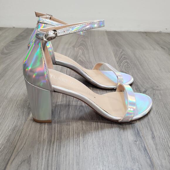 Stuart Weitzman Shoes Womens 9.5 Fairy Silver Rainbow Holographic Heel Sandal - Picture 1 of 15